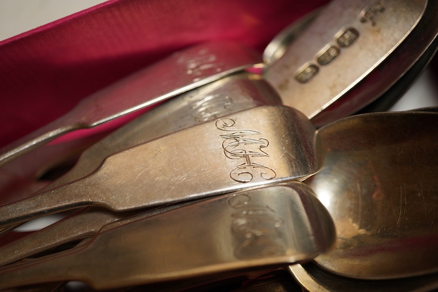 Assorted 19th century silver teaspoons to include a set of six early Victorian fiddle pattern teaspoons, Glasgow, 1855, Alexander Coghill, initialled, length 14.6cm., etc., weight approx. 10.57ozt
